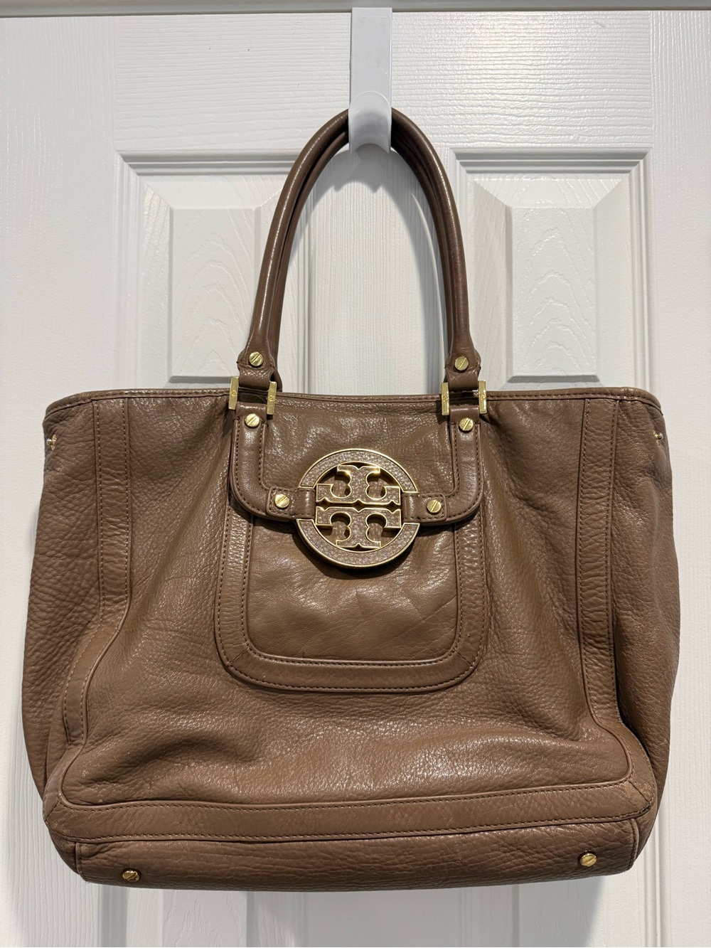 Tory Burch Taupe Brown Leather Tote with Gold Logo